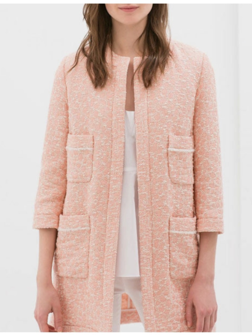 Zara Basic Chic Jacquard Textured Longline Open Front Jacket Pockets Size Small